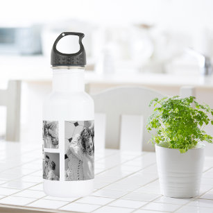 Trendy Collage Family Photo Black & White Initial Stainless Steel Water Bottle