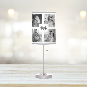 Trendy Collage Family Photo Black & White Initial Table Lamp