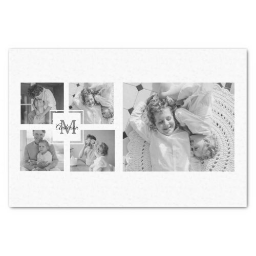 Trendy Collage Family Photo Black  White Initial Tissue Paper