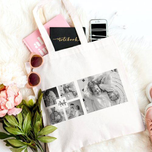Trendy Collage Family Photo Black  White Initial Tote Bag