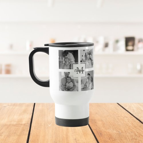 Trendy Collage Family Photo Black  White Initial Travel Mug