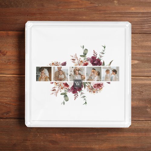 Trendy Collage Family Photo Colorful Flowers Gift Acrylic Tray