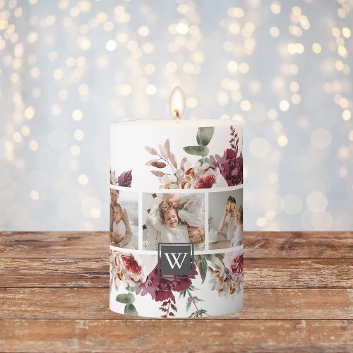 Trendy Collage Family Photo Colorful Flowers Gift Pillar Candle