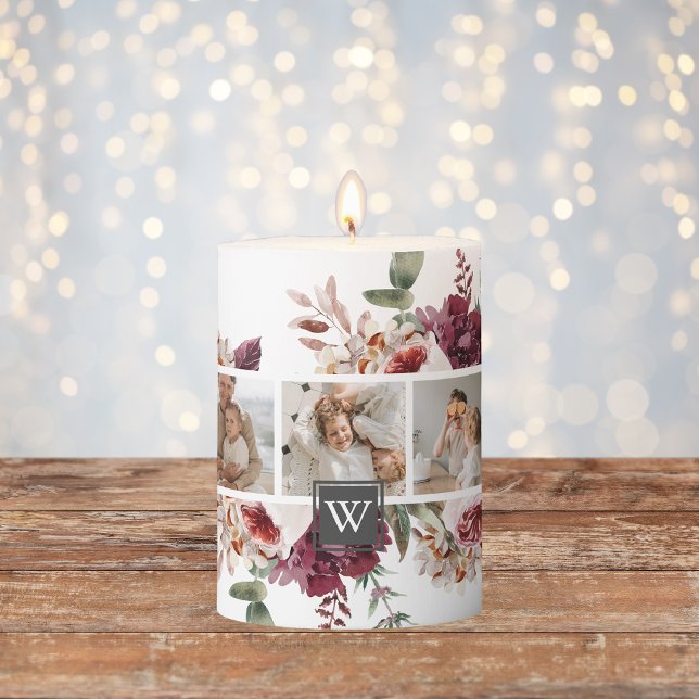 Trendy Collage Family Photo Colorful Flowers Gift Pillar Candle (Creator Uploaded)