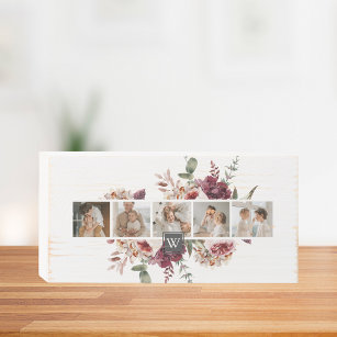 Trendy Collage Family Photo Colorful Flowers Gift Wooden Box Sign