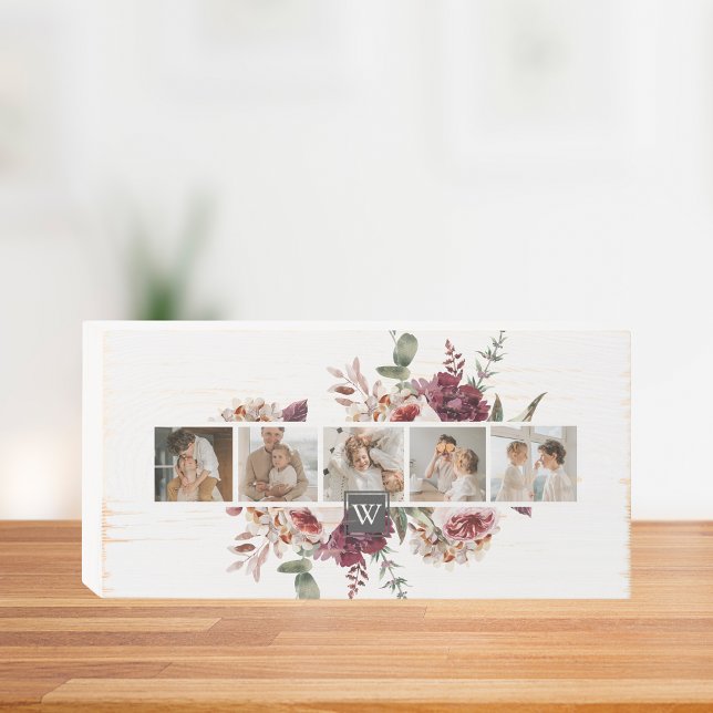 Trendy Collage Family Photo Colorful Flowers Gift Wooden Box Sign (Creator Uploaded)