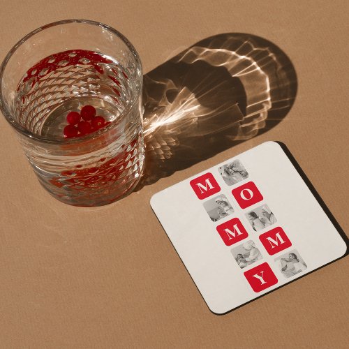 Trendy Collage Photo  Red Best Mommy Gift Square Paper Coaster