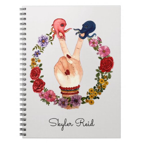 Trendy Colorful Boho Flowers  Octopus Peace Sign Notebook