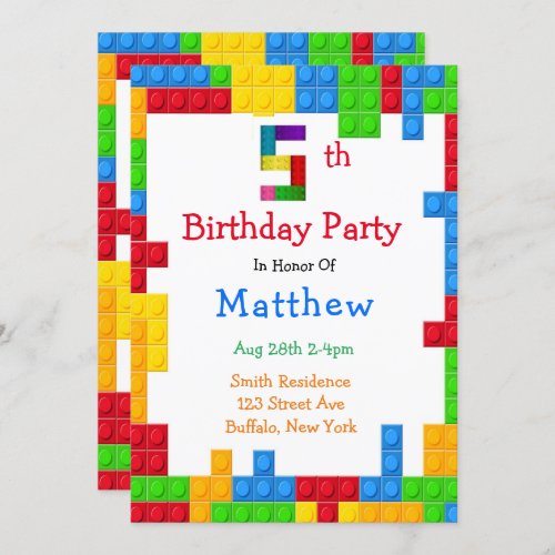 Trendy Colorful Building Blocks 5th Birthday Party Invitation