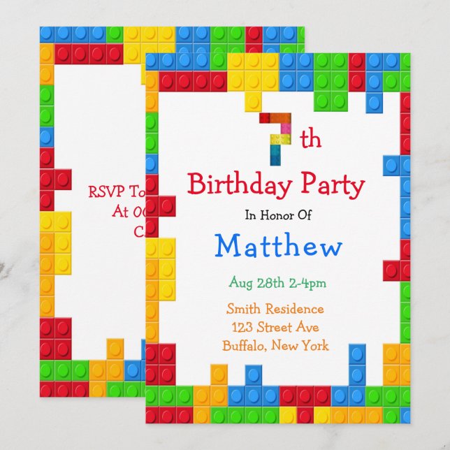 Trendy Colorful Building Blocks 7th Birthday Party Invitation (Front/Back)