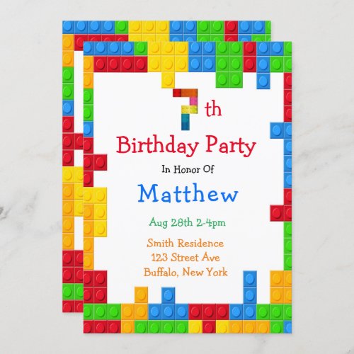 Trendy Colorful Building Blocks 7th Birthday Party Invitation