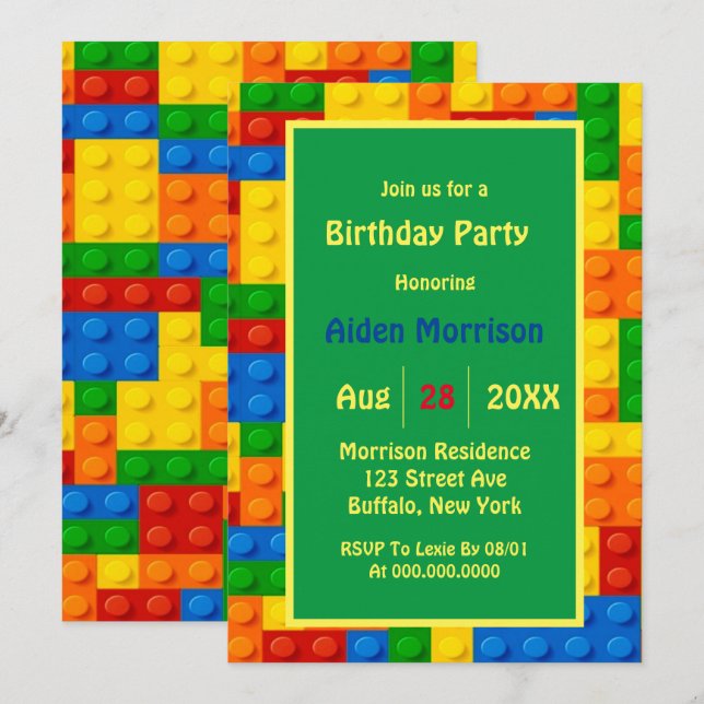Trendy Colorful Building Blocks Birthday Party Invitation (Front/Back)