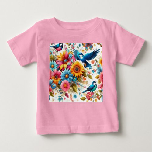 Trendy Colorful Butterflies Birds Flowers Pink Baby T_Shirt