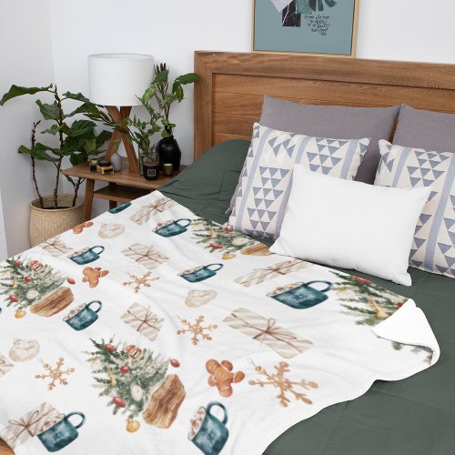 Trendy Colorful Christmas Pattern  Watercolor Fleece Blanket