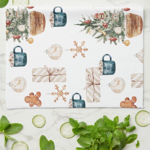 Trendy Colorful Christmas Pattern  Watercolor Kitchen Towel