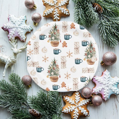 Trendy Colorful Christmas Pattern  Watercolor Paper Plates