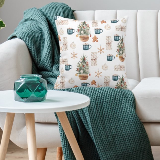 Trendy Colorful Christmas Pattern | Watercolor Throw Pillow (Creator Uploaded)