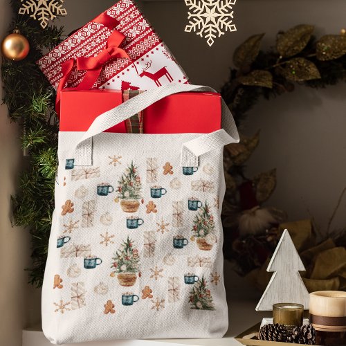 Trendy Colorful Christmas Pattern  Watercolor Tote Bag