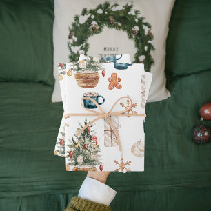 Trendy Colorful Christmas Pattern Watercolor Wrapping Paper Sheets