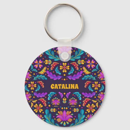 Trendy Colorful Fiesta Mexican Flower Quinceanera  Keychain