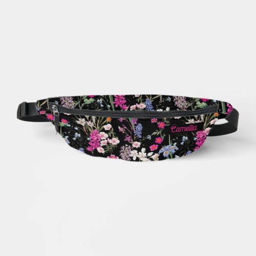 Trendy Colorful Floral Pattern Black Custom Name Fanny Pack