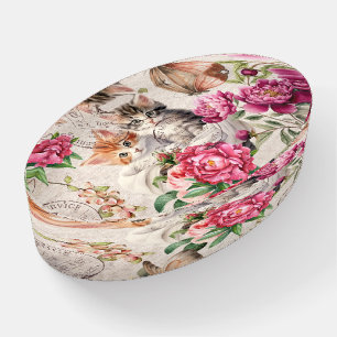 Trendy colorful flowers with kitty cats Pink Paperweight
