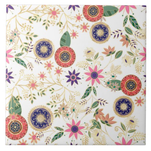Trendy Colorful Folk Floral Original Golden Design Ceramic Tile