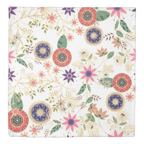Trendy Colorful Folk Floral Original Golden Design Duvet Cover