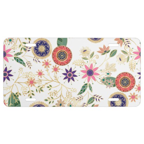 Trendy Colorful Folk Floral Original Golden Design License Plate