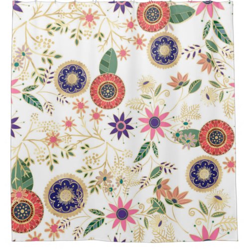 Trendy Colorful Folk Floral Original Golden Design Shower Curtain