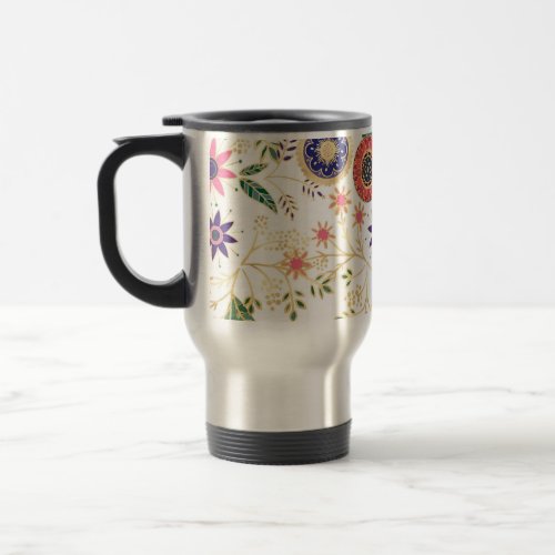 Trendy Colorful Folk Floral Original Golden Design Travel Mug