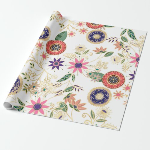 Trendy Colorful Folk Floral Original Golden Design Wrapping Paper