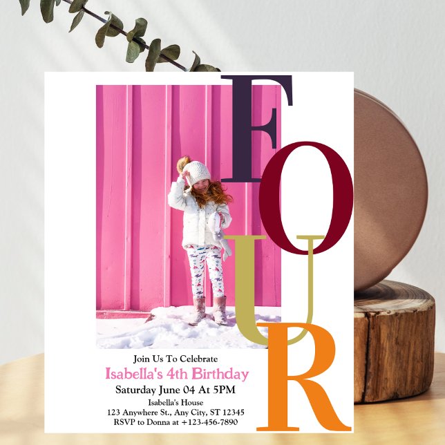 Trendy Colorful Girl Four Birthday  Photo  Invitation (Creator Uploaded)