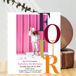 Trendy Colorful Girl Four Birthday Photo Invitation