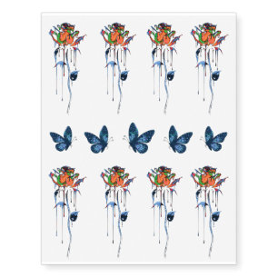 Trendy Colorful Gothic Roses Blue Butterflies Temporary Tattoos