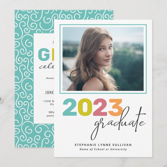Trendy Colorful Lettering Modern Grad Party Invitation (Front/Back)