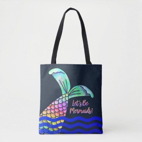 Trendy Colorful Mermaid Tail and Waves Tote Bag