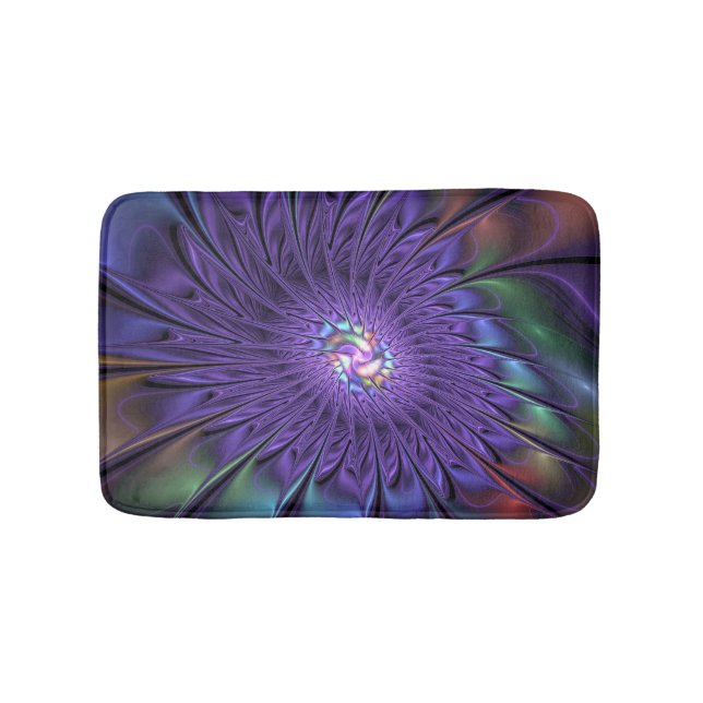 Trendy Colorful Modern Abstract Fractal Flower Bath Mat (Front)
