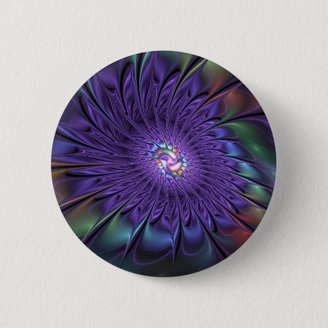 Trendy Colorful Modern Abstract Fractal Flower Button (Front)