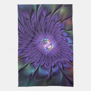 Trendy Colorful Modern Abstract Fractal Flower Kitchen Towel