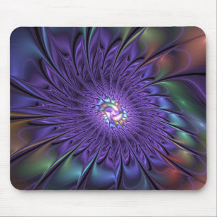 Trendy Colorful Modern Abstract Fractal Flower Mouse Pad