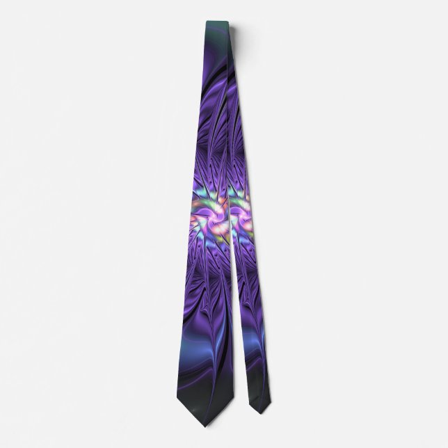 Trendy Colorful Modern Abstract Fractal Flower Neck Tie (Front)