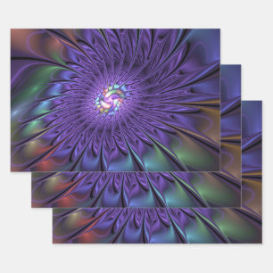 Trendy Colorful Modern Abstract Fractal Flower Wrapping Paper Sheets