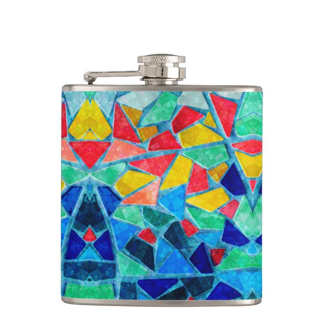 Trendy Colorful Mosaic Abstract Pattern Hip Flask (Front)