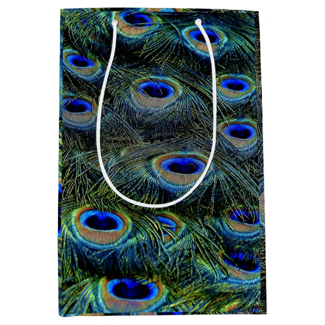 Trendy Colorful Peacock Feathers Teal Medium Gift Bag (Front)
