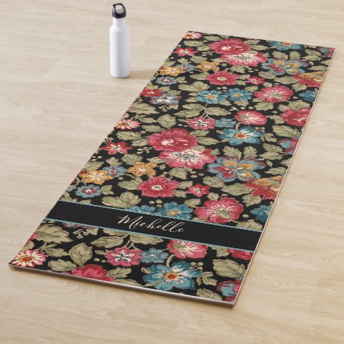 Trendy Colorful Personalized Boho Floral_Black BG Yoga Mat