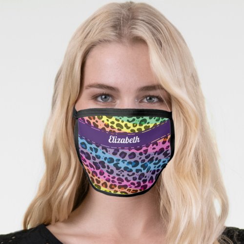 Trendy colorful rainbow leopard print with name face mask