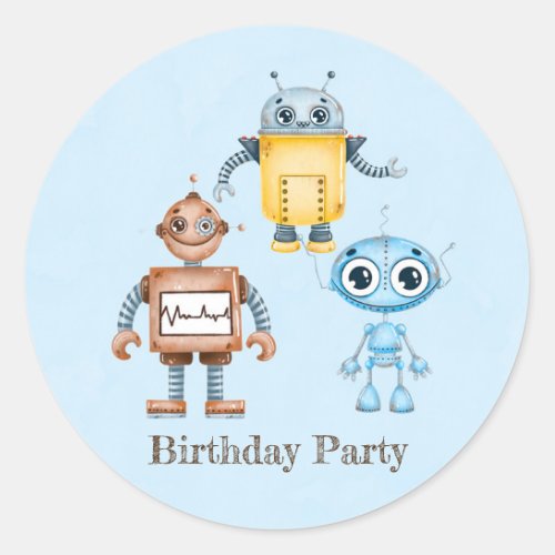 Trendy Colorful Robots Boy Birthday Party Classic Round Sticker