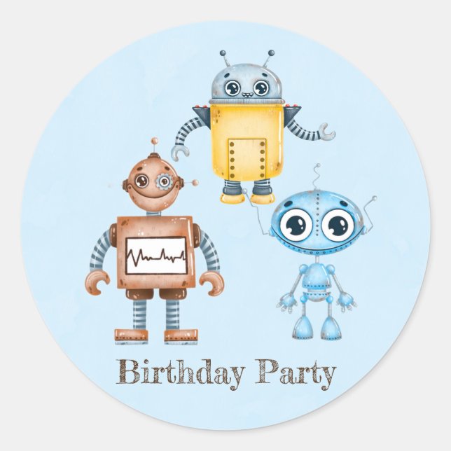 Trendy Colorful Robots Boy Birthday Party Classic Round Sticker (Front)