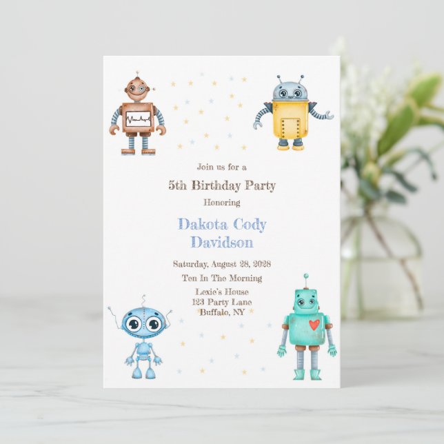 Trendy Colorful Robots Boy Birthday Party Invitation (Standing Front)